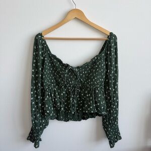 American Eagle Green Cropped Blouse Smocked Babydoll Long Sleeve Large